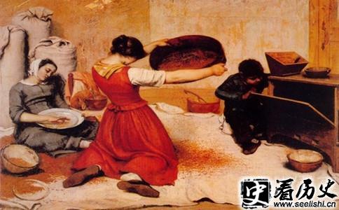 库尔贝油画《筛麦妇》
