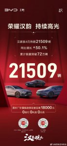 ​4月热销21509台！比亚迪汉家族累计销量突破72万台